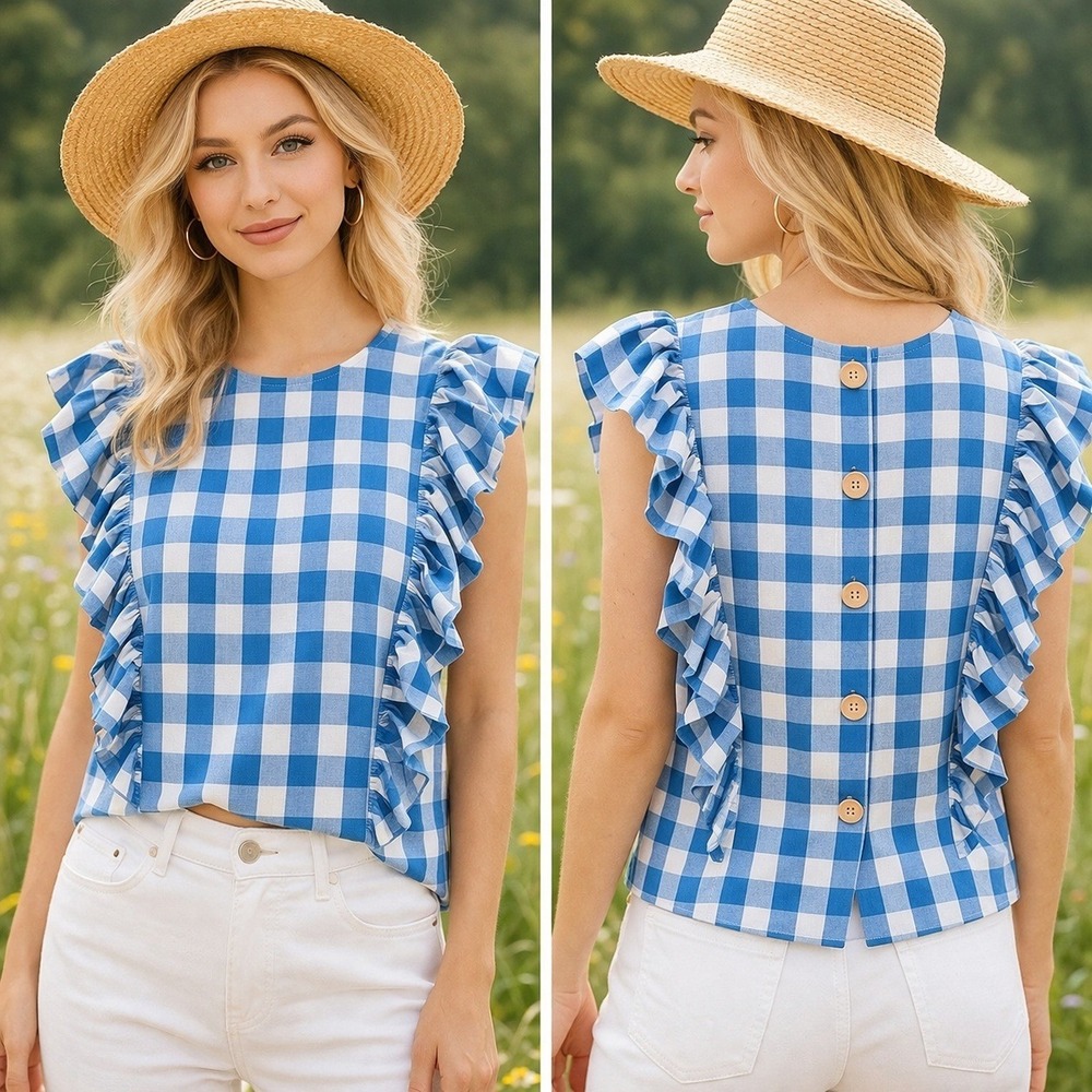 Entro Blue White Gingham Ruffle‎ Blouse Button Back Top Small S 18ptp Picnic